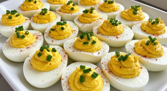 Plate of perfectly prepared deviled eggs with chives