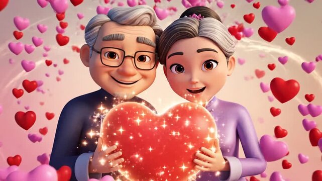 P335-Animation of a happy elderly couple holding a heart symbol surrounded by smaller hearts symbolizin 4K 10s