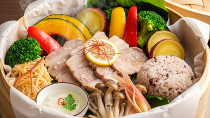 塩麹豚と雑穀ご飯、蒸し野菜を盛り合わせた彩り豊かな日本のワンプレートせいろ料理