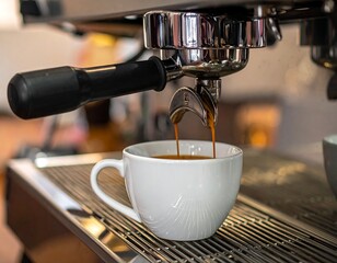 Close-up of espresso machine dispensing coffee into a white cup
