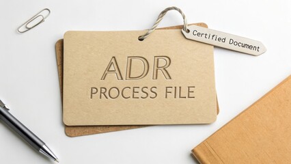 Detailed Overview of an ADR Process File with Certification Document and Stationery Items on a White Background