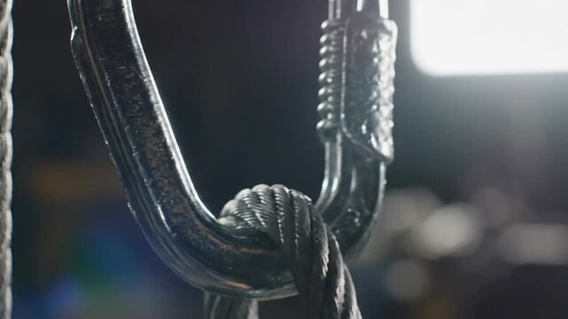 Close-up of metal hook and rope knot.