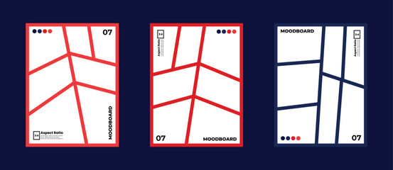 Comic style moodboard composition featuring seven panels in vertical 3:4 format with color palette