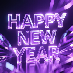 Transparent crystal letters &ldquo;HAPPY NEW YEAR&rdquo;, glowing edges, purple abstract light background
