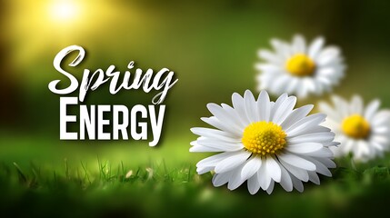 Spring Energy Text with Fresh Daisies on Green Blurred Background
