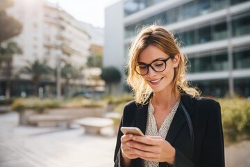 Smiling businesswoman using smartphone outdoors