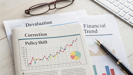 Financial analysis with charts showing correction, trend, and policy shift in news articles on a wooden desk with glasses
