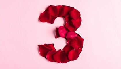 Number Three Made of Red Rose Petals on a Pink Background.