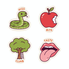 Cartoon Stickers Depicting Temptation - Snake, Apple, Tree, and Mouth.