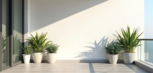 Obraz premium Empty balcony terrace with potted green plants. Sunlight casts shadows on white wall. Modern outdoor space with calm sea view. A tranquil urban oasis.