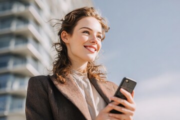 Smiling businesswoman using smartphone outdoors