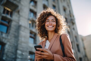 Smiling businesswoman using smartphone outdoors