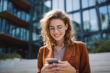 Smiling businesswoman using smartphone outdoors