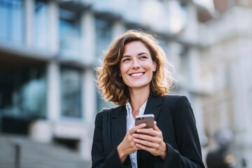 Smiling businesswoman using smartphone outdoors