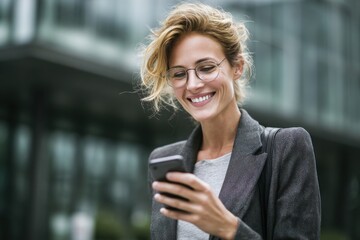 Smiling businesswoman using smartphone outdoors