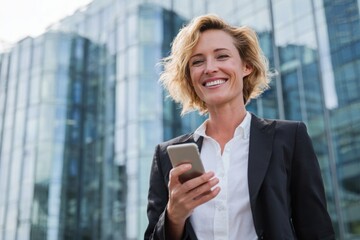 Smiling businesswoman using smartphone outdoors