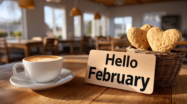 Hello February Sign with Coffee Cup and Heart Shaped Cookies in Sunlit Cafe