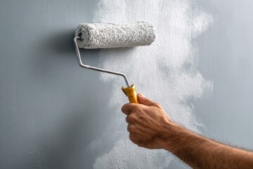 Close-up of hand painting wall with roller