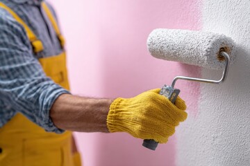 Close-up of hand painting wall with roller