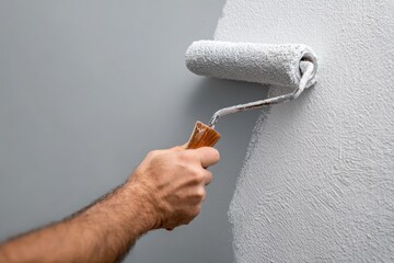 Close-up of hand painting wall with roller