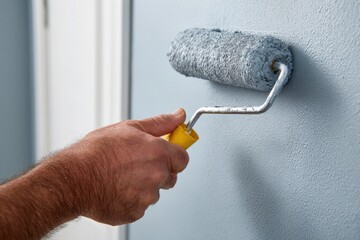 Close-up of hand painting wall with roller