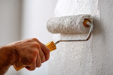 Close-up of hand painting wall with roller