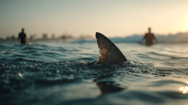 A shark fin emerging above the water surface with surfers in the background at sunset
