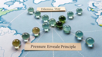 Educational Illustration of Dilemma Map and Pressure Erveale Principle with Colorful Glass Balls Representing Data Points
