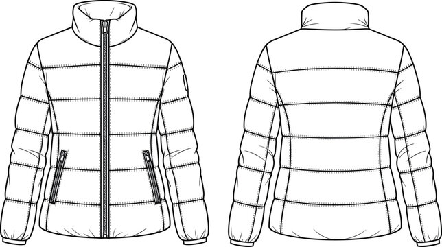 Womens Short Quilted Puffer Jacket Technical Flat Sketch with Stand Collar Horizontal Stitching Full-Zip Front and Zipper Pockets Vector Template Illustration