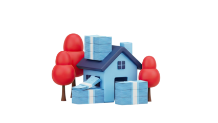 3D Cartoon House with Stacked Money and Red Trees on transparent background