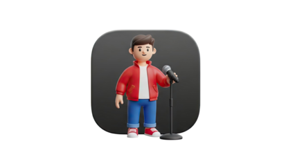 3D cartoon man with microphone on transparent background