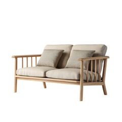 Fototapeta premium Modern Comfort: A minimalist wooden sofa with neutral-toned cushions, showcasing clean lines and inviting warmth, a perfect addition to any living space.