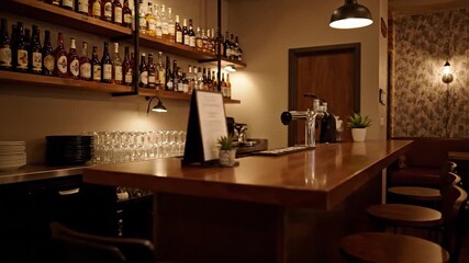 Cozy Bar Interior with Shelves of Bottles and Stools.