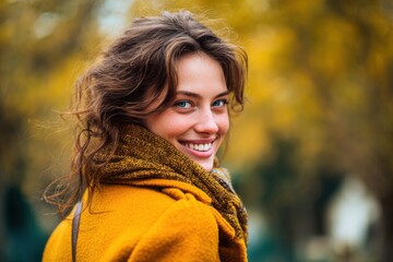 Smiling young woman in autumn outfit outdoors