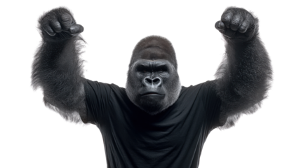 Majestic Gorilla Posing with Power: A powerful gorilla confidently raises its arms, embodying strength and dominance.