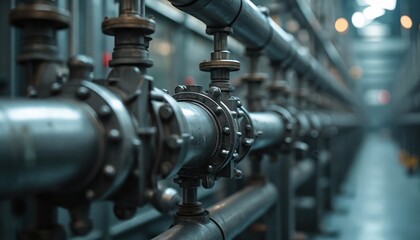 Metallic pipes and valves in industrial plant. Close-up view of complex plumbing system with secure connections and precision components. Metal tubes carry fluids under pressure in factory setting.
