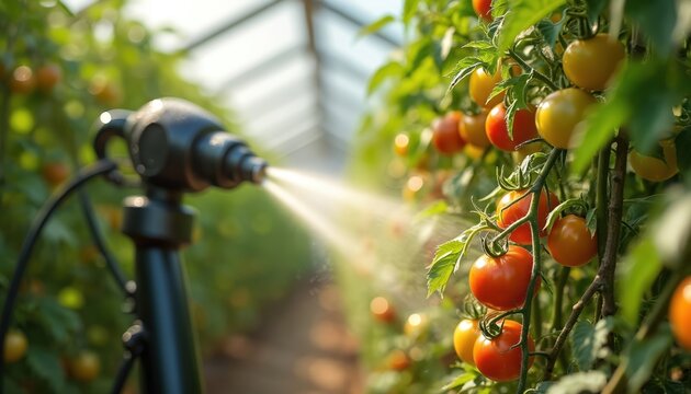 Automated sprayer mists tomato plants in greenhouse. Robotic arm applies water or nutrients to improve crop growth. Vertical farm technology optimizes harvest.