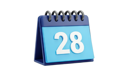 3D Desk calendar with date 28 on a light blue background on transparent background