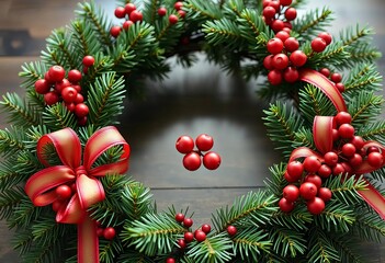 Festive wreath of pine needles, berries, and ribbons, natural holiday decor detail,  festive,  berries