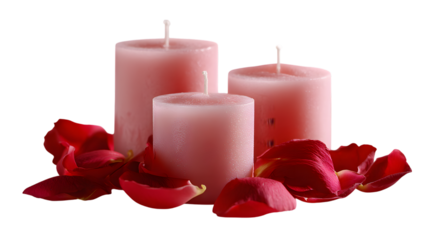 Romantic candles with rose petals isolated on white background
