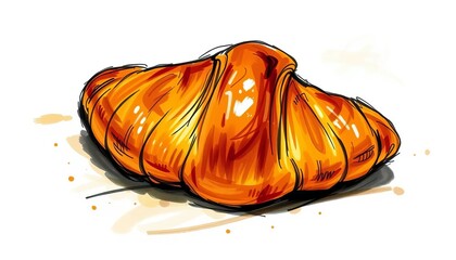 Golden-brown, flaky croissant, sketched with visible brushstrokes, rustic style, morning, delicious food