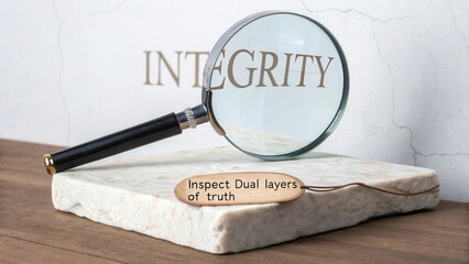 Magnifying Glass on Marble Surface Highlighting Integrity and Layers of Truth with Text on a Calm Background