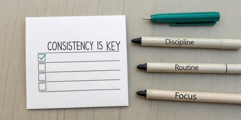 Importance of Consistency for Success in Personal and Professional Growth with Checklist and Pens on Desk