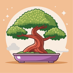 Illustration of a bonsai tree with green leaves in a purple pot against a peach background.