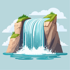Cartoon illustration of a waterfall cascading over rocky cliffs into a pool of water.
