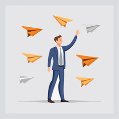 Man in suit reaching for paper airplanes in the air.