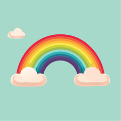 Cartoon rainbow with clouds on a light blue background.