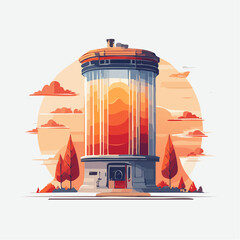 Illustration of a cylindrical building with orange and red hues inside.
