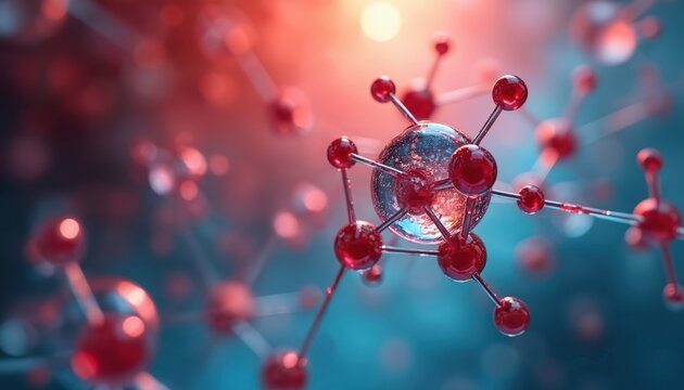 Red atomic structure floats in abstract space with blue and pink light. Microscopic molecules connect forming a complex scientific bond. Futuristic science background with glowing particles. - Powered by Adobe