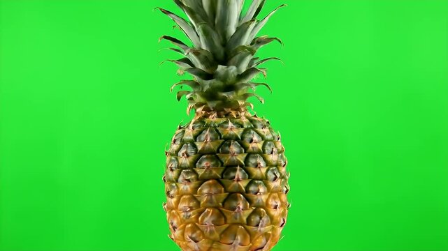 Close up of a ripe pineapple isolated on a bright green screen background